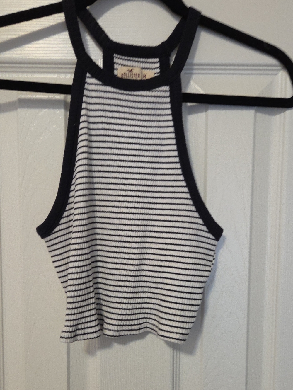 Hollister Black & White Striped Halter Ribbed Crop Tank